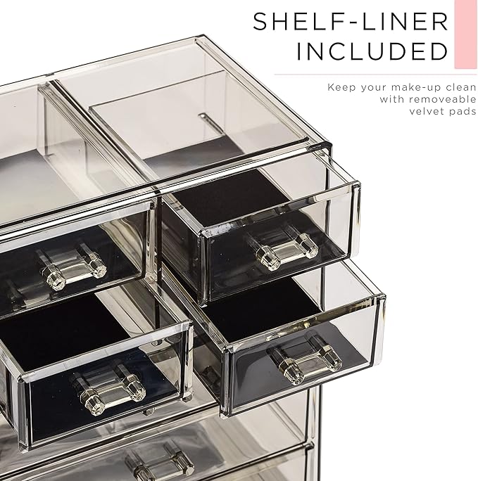 Sorbus Acrylic Makeup Organizer Set, 7-Drawer Vanity & Countertop Cosmetic Storage with Small & Wide Compartments, Black-Tint Makeup Storage for Brushes, Jewelry – Holiday Gift for Women & Teens