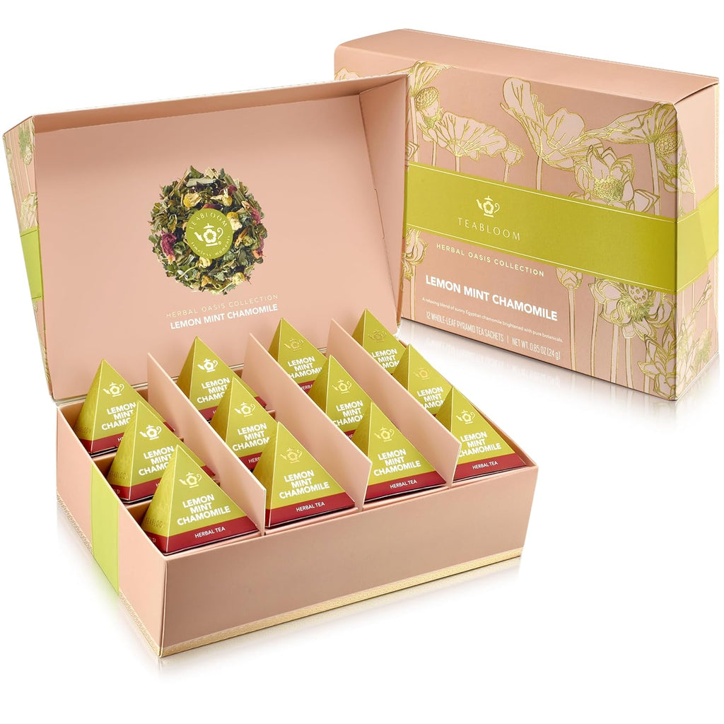 Teabloom Lemon Mint Chamomile Pyramid Tea Presentation Box, 12 Herbal Tea Blends, Whole-Leaf Pyramid Tea Sachets