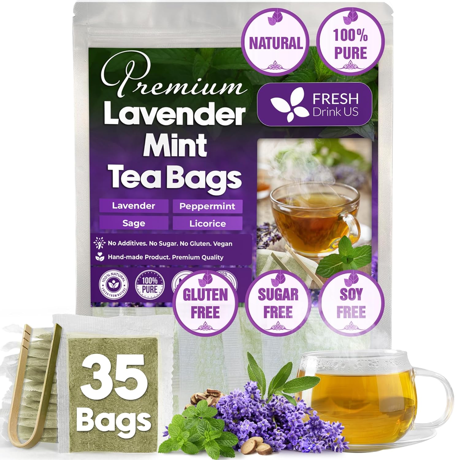 FreshDrinkUS, Premium 35 Tea Bags Lavender Mint Tea, 100% Natural, Blend of Lavender, Peppermint, Sage and Licorice. Made with Natural Material Tea Bags. No Sugar, No Caffeine, Vegan.