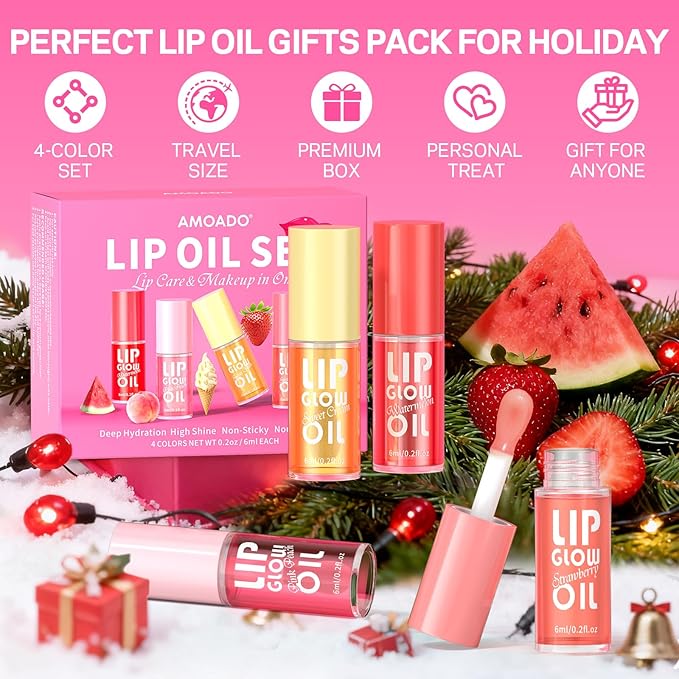 Lip Oil, Tinted Lip Glow Oil – Hydrating & Nourishing, Lip Oils Gift Set, Fruity Plumping Lip Oil Non-Sticky & Glossy Finish, 4 Colors Lip Oils Stain for Girls and Women - Moisturizing Gloss