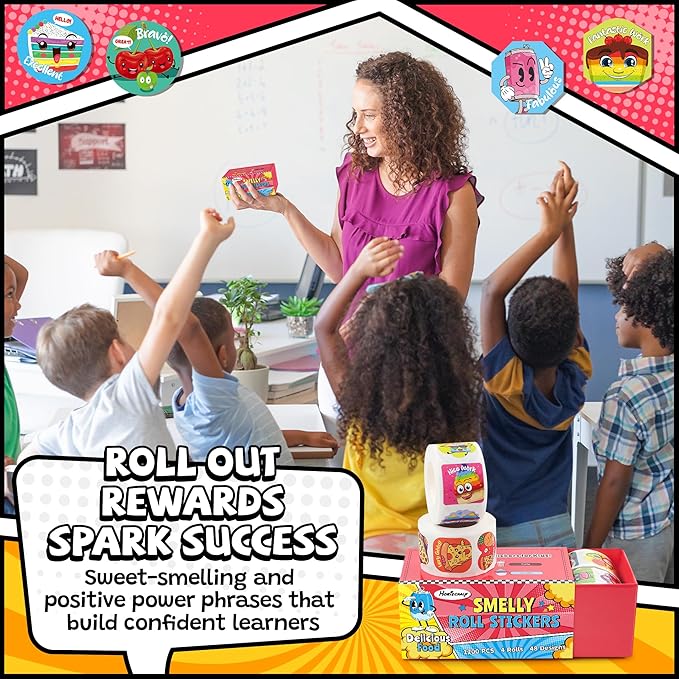 HORIECHALY Smelly Roll Stickers for Kids 4 Rolls, 1200 PCS 4 Scent Scratch and Sniff Stickers Food Theme, Positive Reward for Classroom, Portable Drawer Box for Travel, Car, Airplane