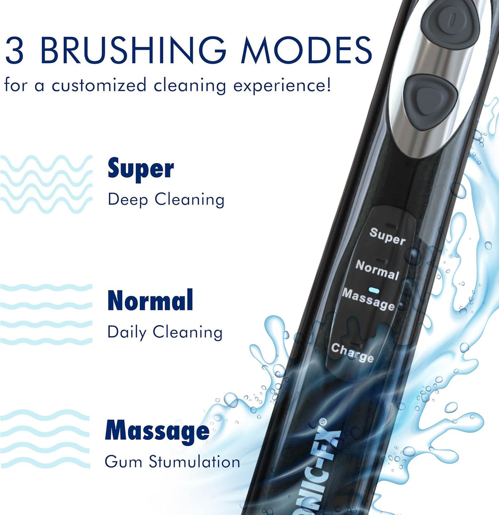 Sonic-FX Solo Electric Toothbrush - 3 Brushing Modes - with Intelligent Auto-Timer, Includes 2 Tooth Brush Heads, and 1 Interdental Head, Rechargeable, Electronic Charging/Storage Base (Black)