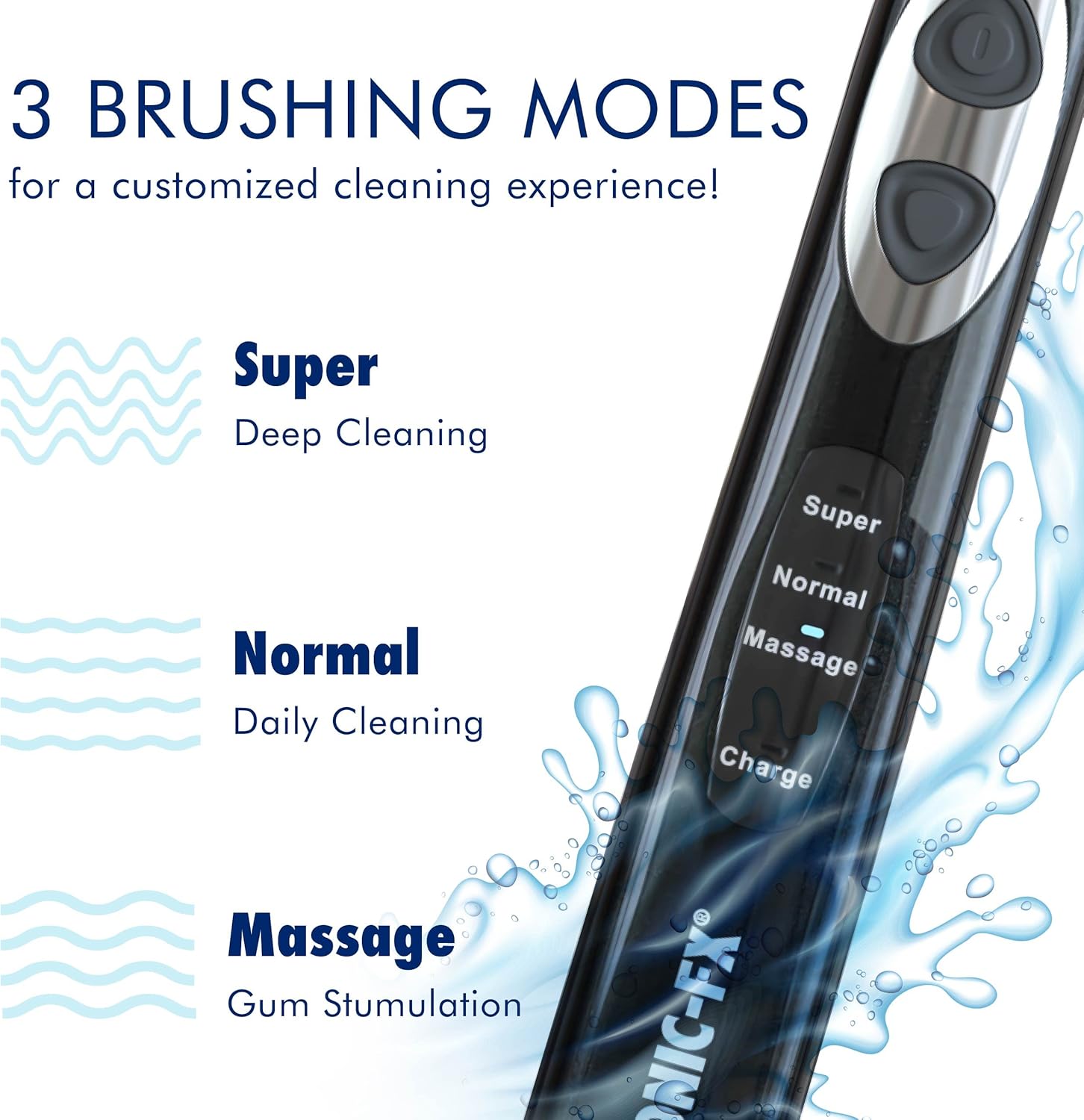 Sonic-FX Solo Electric Toothbrush - 3 Brushing Modes - with Intelligent Auto-Timer, Includes 2 Tooth Brush Heads, and 1 Interdental Head, Rechargeable, Electronic Charging/Storage Base (Black)