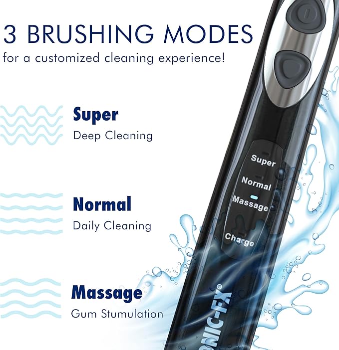 Sonic-FX Solo Electric Toothbrush w/ 10 Brush Heads + 1 Interdental, Charcoal Bristles, Rechargeable, Charging/Storage Base, 3 Brush Modes, Smart Timer, 2 Months Use on Full Charge, Black Color