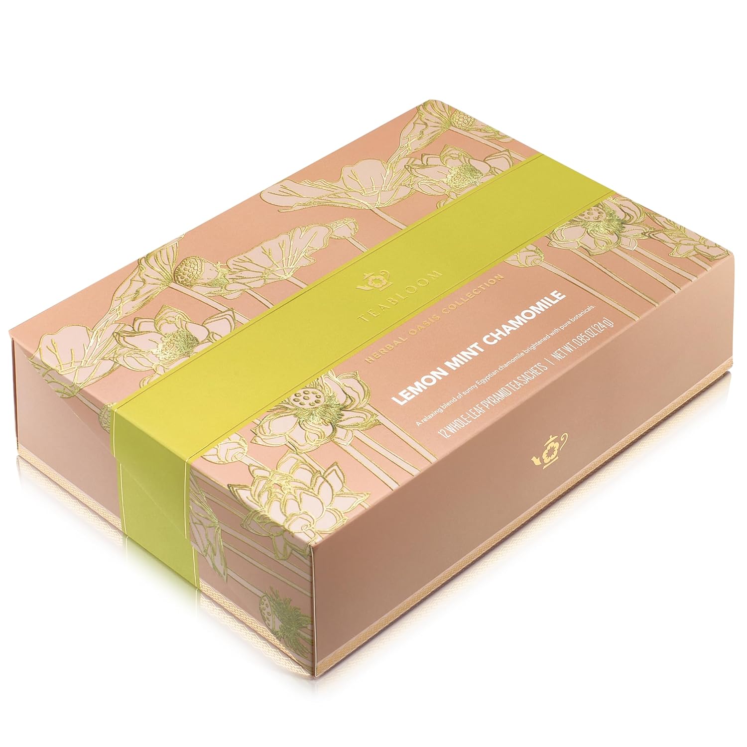 Teabloom Lemon Mint Chamomile Pyramid Tea Presentation Box, 12 Herbal Tea Blends, Whole-Leaf Pyramid Tea Sachets
