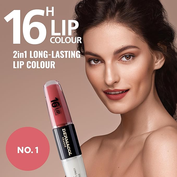 Dermacol NEW 16-Hour Lip Colour, Highly Pigmented Glossy Lip Stain, Two-Phase Lip Plumper Gloss, Kissproof Lip Makeup Products with Matte and Glitter Finish, n.1