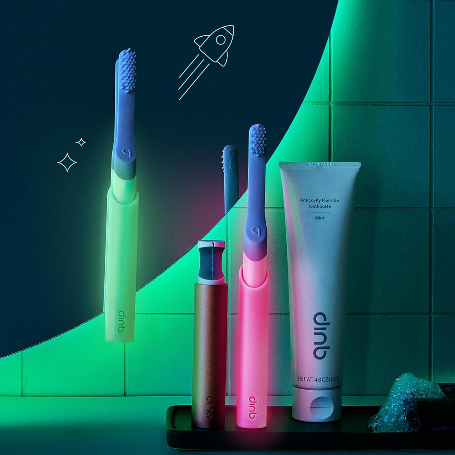 Quip Sonic Toothbrush for Kids with Timer - Includes Extra Brush Head and Travel Cover Mount - Electric, Soft Bristle Refill Head, Rubber Handle, 3 Month Battery Life - Glow in The Dark, Green