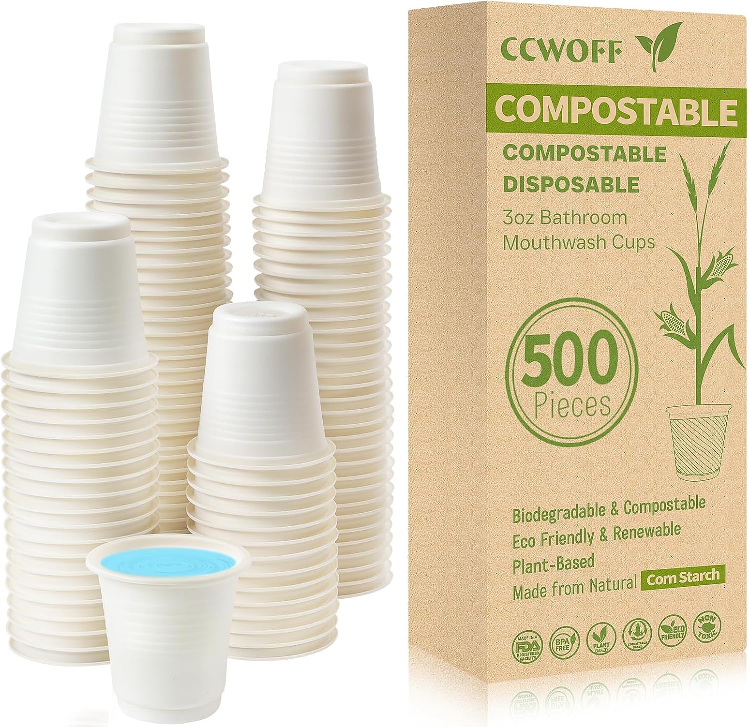 [500 Pack 3 oz Bathroom Cups, 100% Compostable Cups, Biodegradable Eco Friendly Cups, Mouthwash Cups for Rinsing Mouth, Shot Cups Disposable for Tasting, Drinking, Party and Events