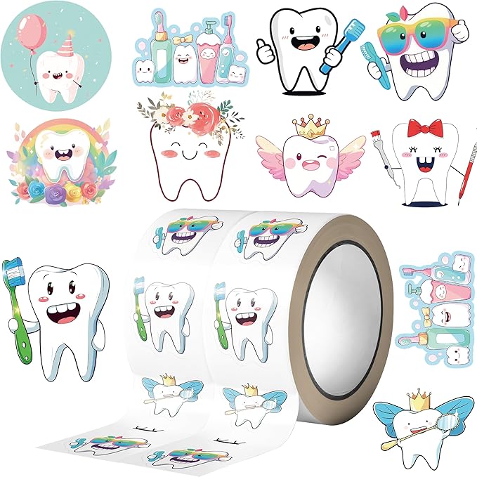 1000PCS Tooth Stickers Roll for Kids, 2 Rolls 10 Styles Cartoon Teeth Fairy Sticker, Dental Reward Stickers for Dentist, Classroom, Scrapbooking, Party Favors, DIY Crafts