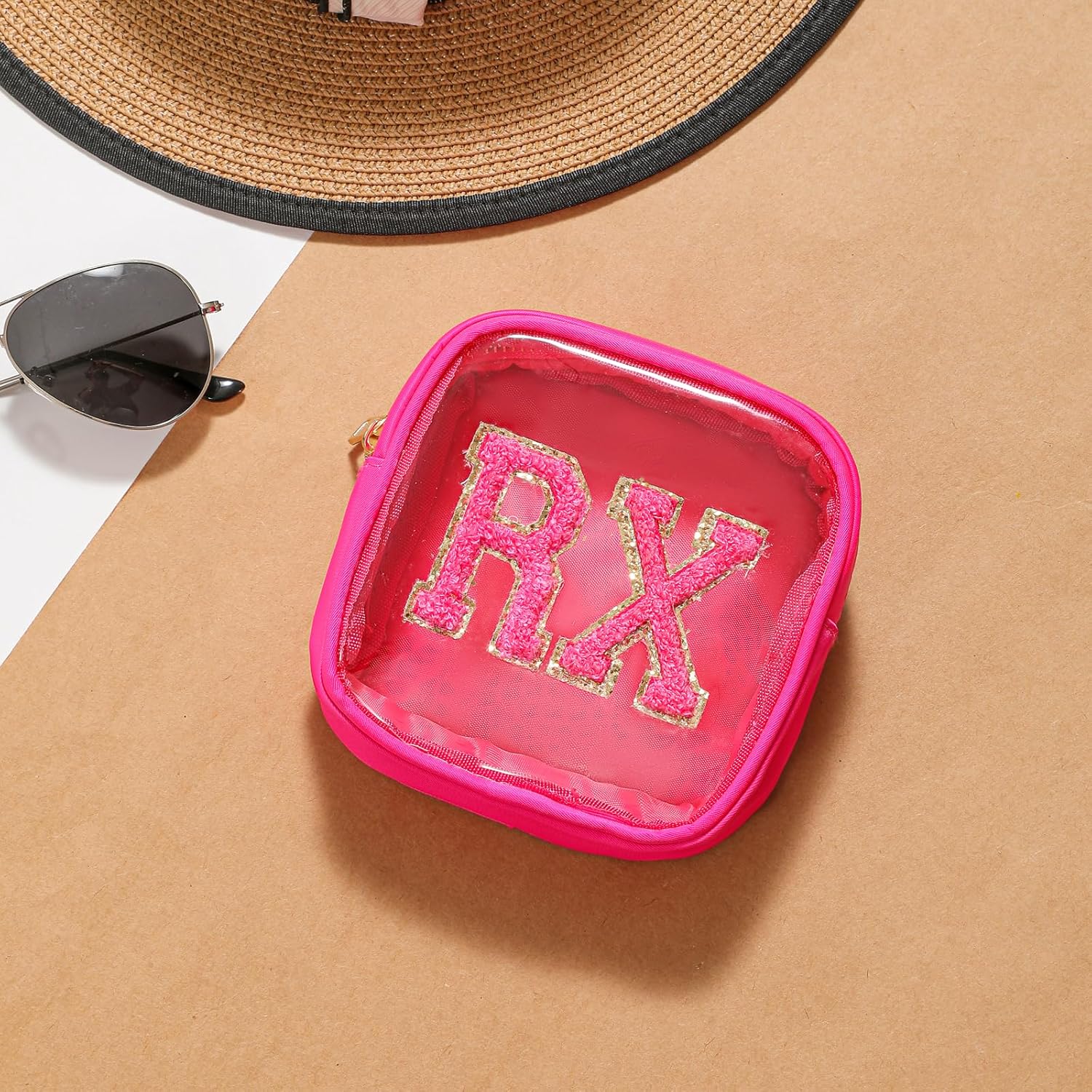 Small Chenille Letter Clear Medicine Makeup Bags,Nylon PVC Waterproof Rx Pouch with Metal Zipper, Cute Drug First Aid Travel Organizer for Women Girls(02Hot Pink)