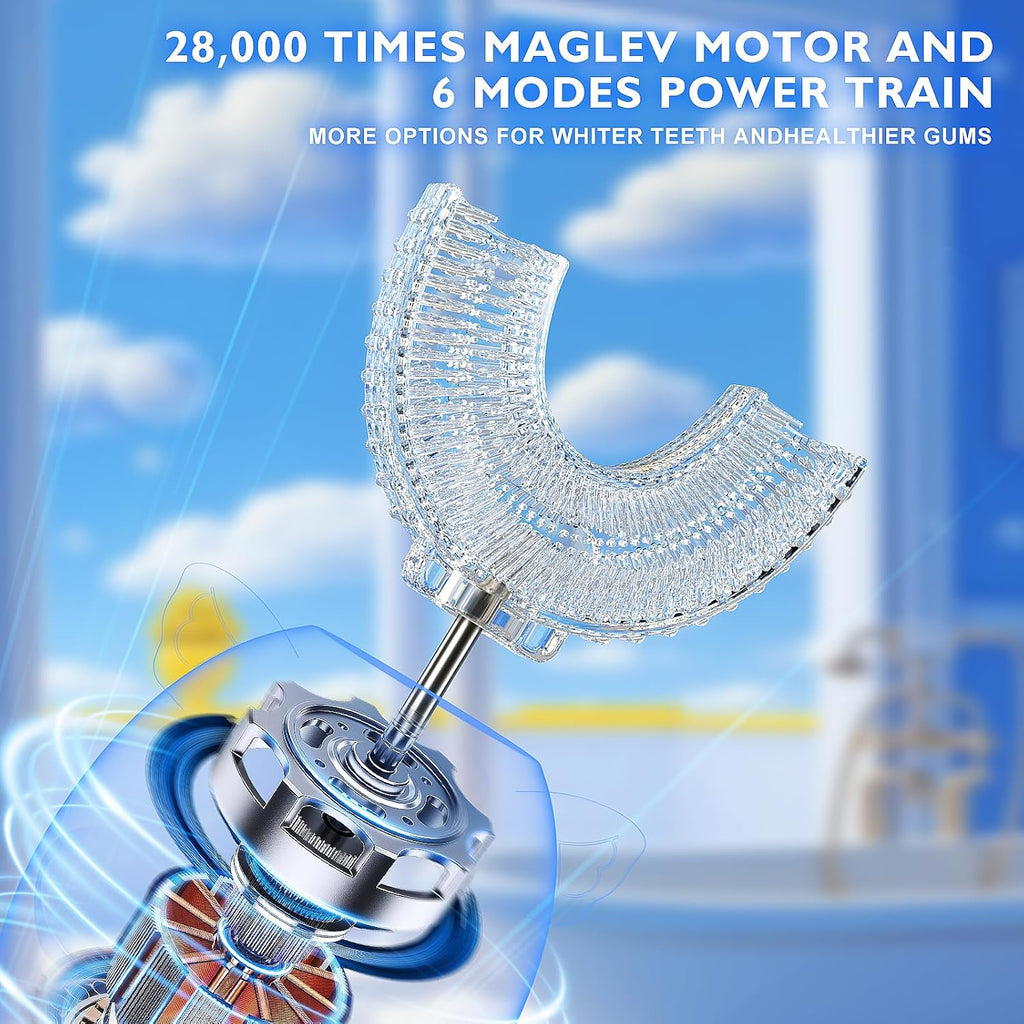 Kids Electric U Shaped Toothbrush Children Rechargeable Sonic Toothbrush with 6 Soft Brush Head Automatic Full Mouth 6 Cleaning Modes - (Age 2-7 Yellow)