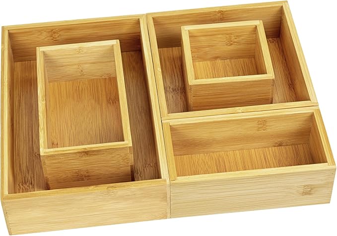 VaeFae 5 PCS Bamboo Drawer Organizers Set, 5-size Wooden Organizer Box, Storage Bins for Kitchen, Bathroom, Office, Bedroom and Living Room