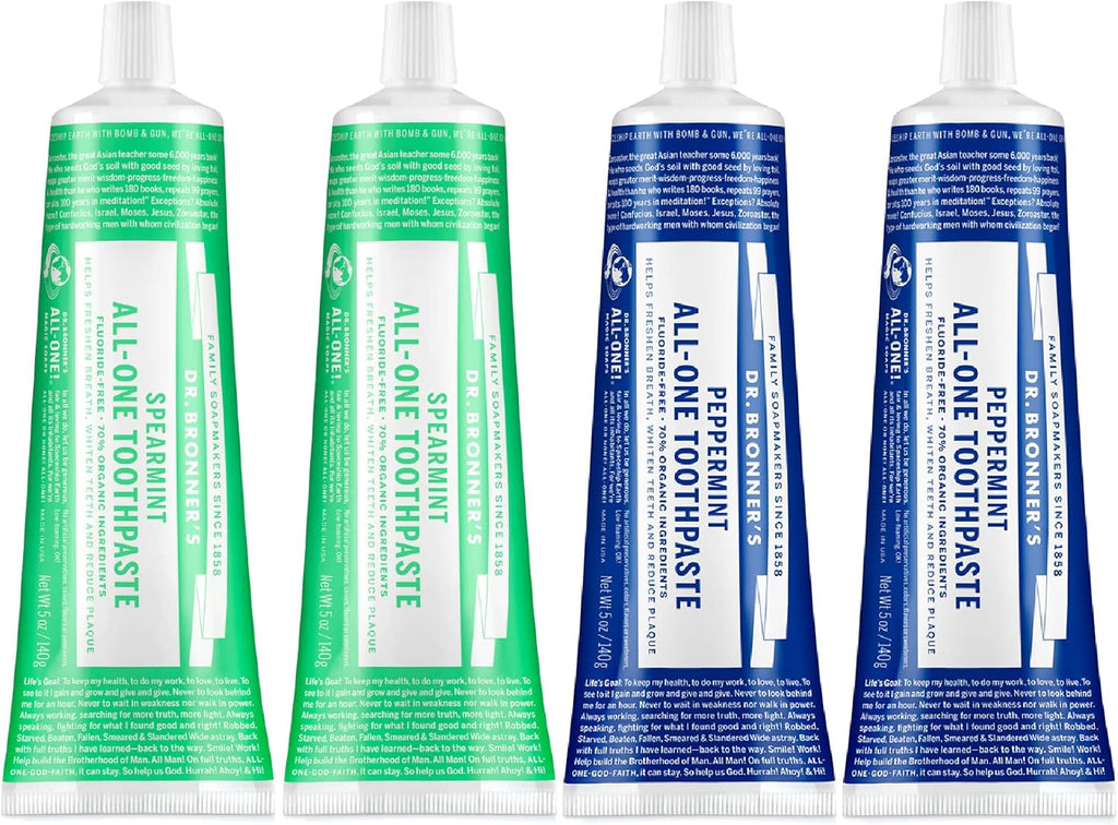 Dr. Bronner’s - All-One Toothpaste Variety Pack - Peppermint & Spearmint, 70% Organic Ingredients, Fluoride-Free, Helps Freshen Breath, Vegan (5oz, 4-Pack)