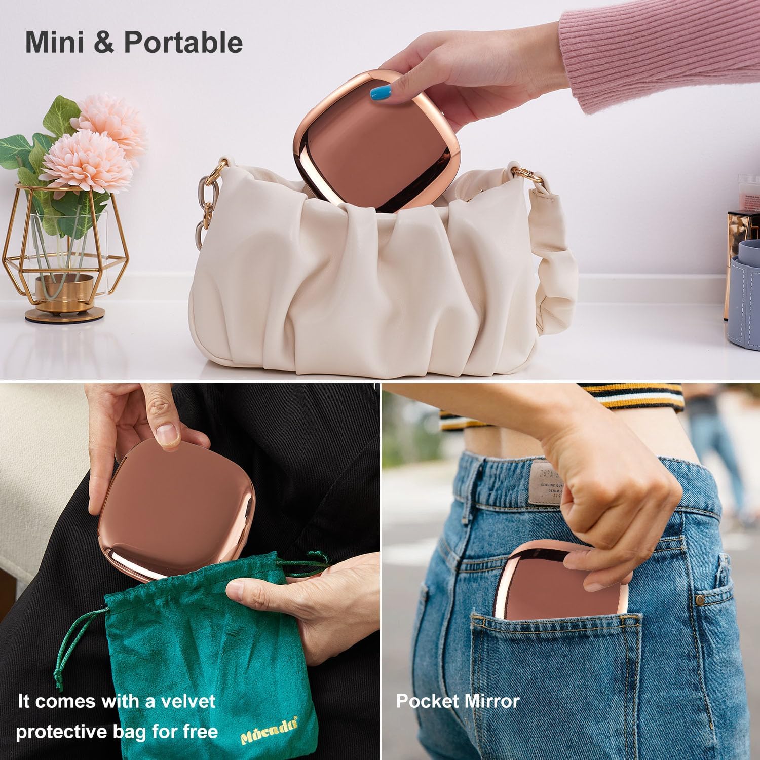 Mocado Compact LED Travel Makeup Mirror - 4 Inches 1X/10X Magnification Travel Mirror with Light Dimmable Double Sides Lighted USB Rechargeable Compact Mirror for Purse,Pocket,Travel(Rose Gold)