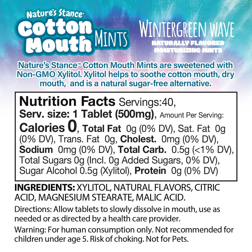 Nature's Stance Xylitol Mints for Cotton Mouth Relief, Dry Mouth Lozenges Sugar Free, Mouth Watering Mints - Stimulates Saliva & Freshens Breath, 40 Count (Wintergreen Wave)