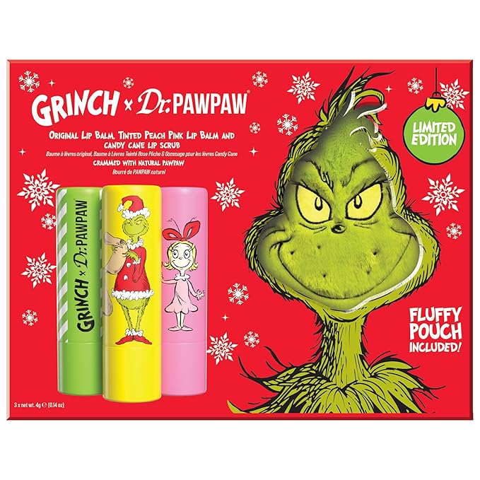 Dr. PawPaw The Grinch Set - Original, Peach Pink, Candy Cane - Lip Scrub and Natural Lip Balm - Gluten Free Care to Exfoliate and Moisturize - 3 pc
