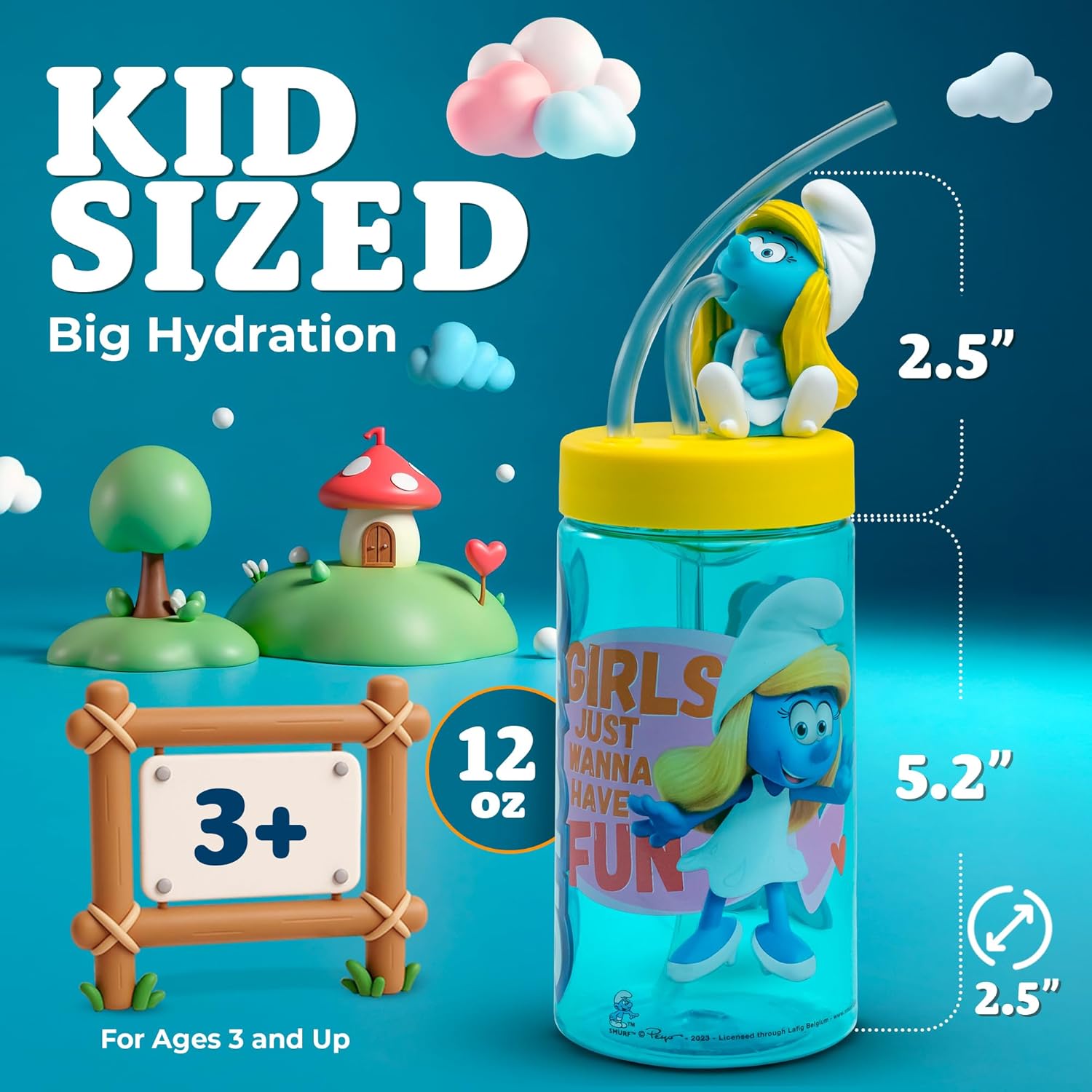 Smurfette Cup, Water Bottle, Tumbler with Lid and Straw, Travel Sippy Cup for Water or Milk, Cups with Lids BPA Free Plastic, 12 oz