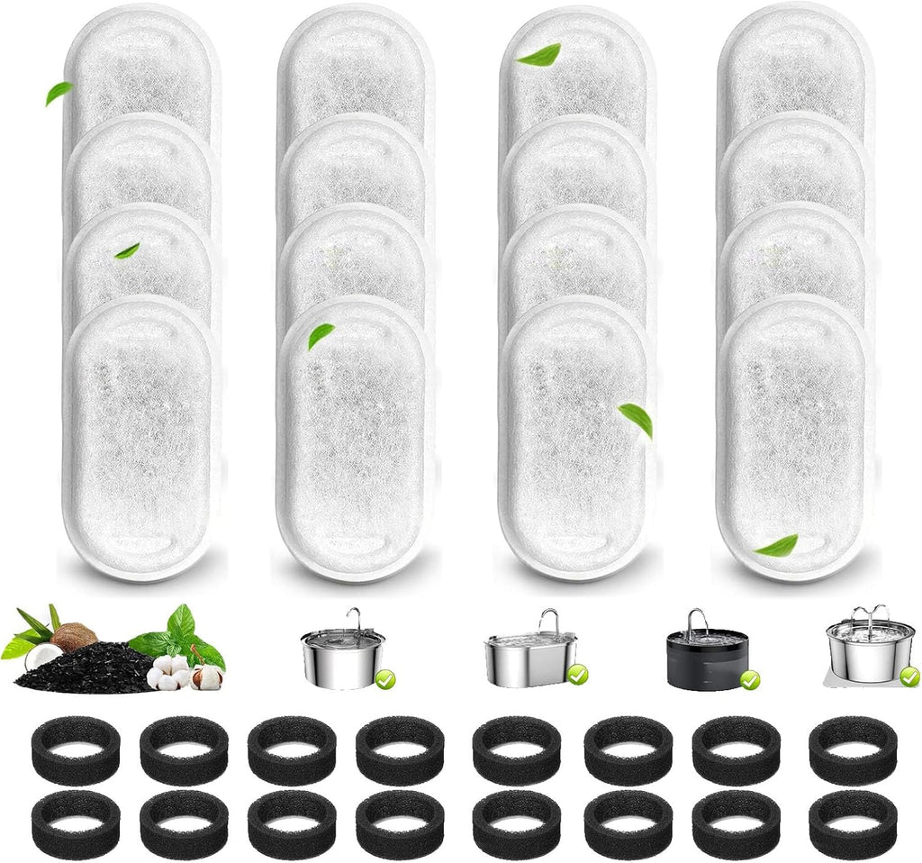 TuTuYa 32PCS Cat Water Fountain Filter, 16 Pack Cat Fountain Filter Replacement with 16 Sponges, for 108oz/3.2L & 67oz/2L Stainless Steel Pet Water Dispenser