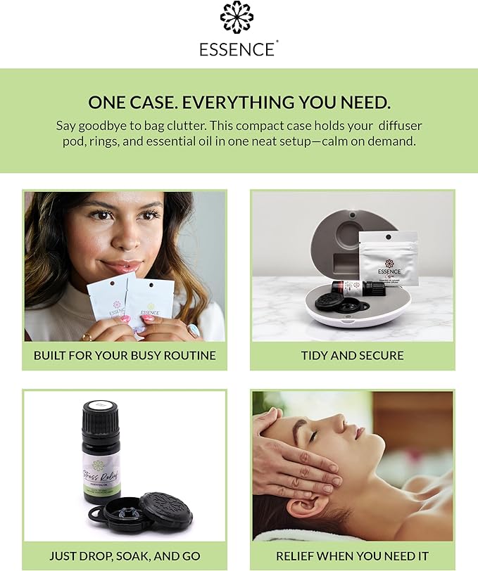 Essence Pearl Travel Case - Wearable Aromatherapy Kit with Nasal Diffuser Rings, Soaking Bay, and 5mL Essential Oil – Portable Wellness Gift Set for On?The?Go Self Care