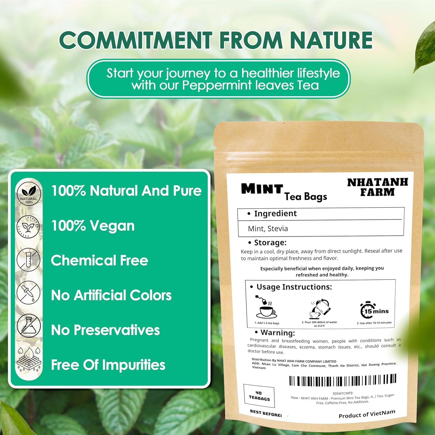 NHAT ANH FARM - Premium Peppermint Tea Bags, 40 Peppermint Tea Bags, 100% Natural Dried Mint Leaves, Naturally Sweet Herbal Tea, Sugar-Free, Caffeine-Free, No Additives.