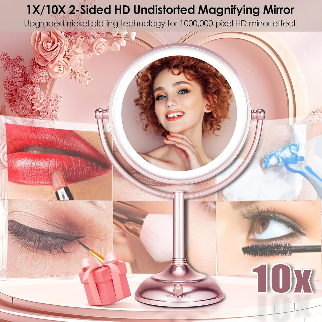 VESAUR Lighted Makeup Mirror Rose Gold Nickel, Double Sided 1X/10X HD Undistorted Magnifying Mirror, 8.5" Vanity Mirror with 3 Colors Dimmable 90 Bright LEDs, 360°Swivel Two Power Supply, Luxury Gifts