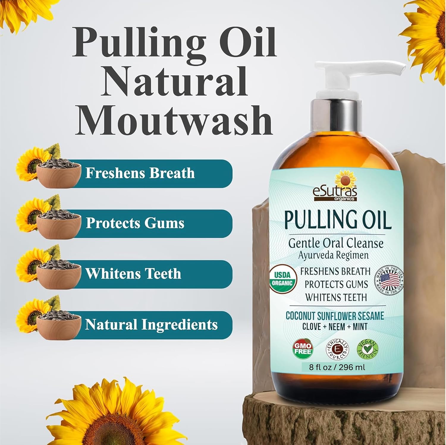 eSutras Pulling Oil Herbal Mouthwash Powerful Coconut Sesame Sunflower Oils + Essential Oils, Mint Clove Whitens Teeth Refreshes Breath Strengthens Gums