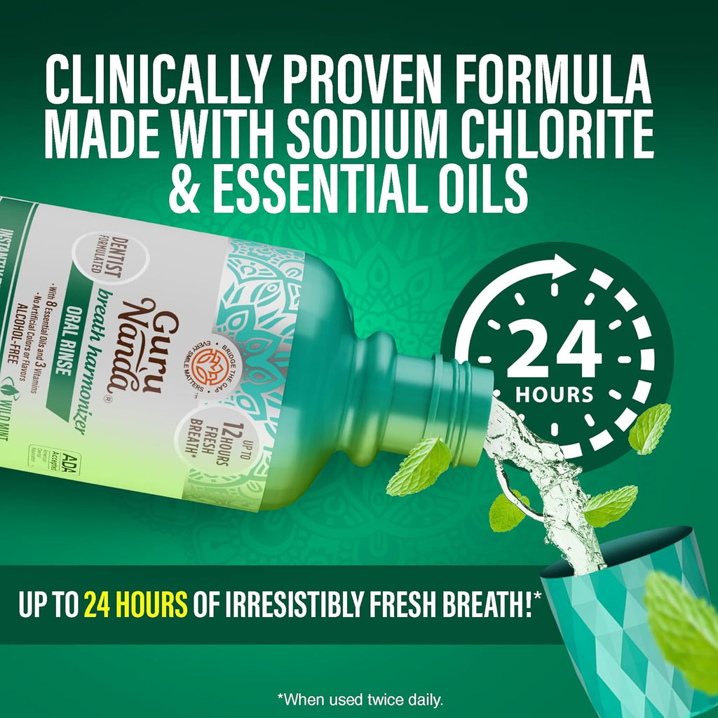 GuruNanda Fresh Breath Mouthwash, ADA-Accepted, Alcohol & Fluoride-Free, Sodium Chlorite, Essential Oils & Vitamins, 12-Hrs Fresh Breath, Wild Mint, 3 oz
