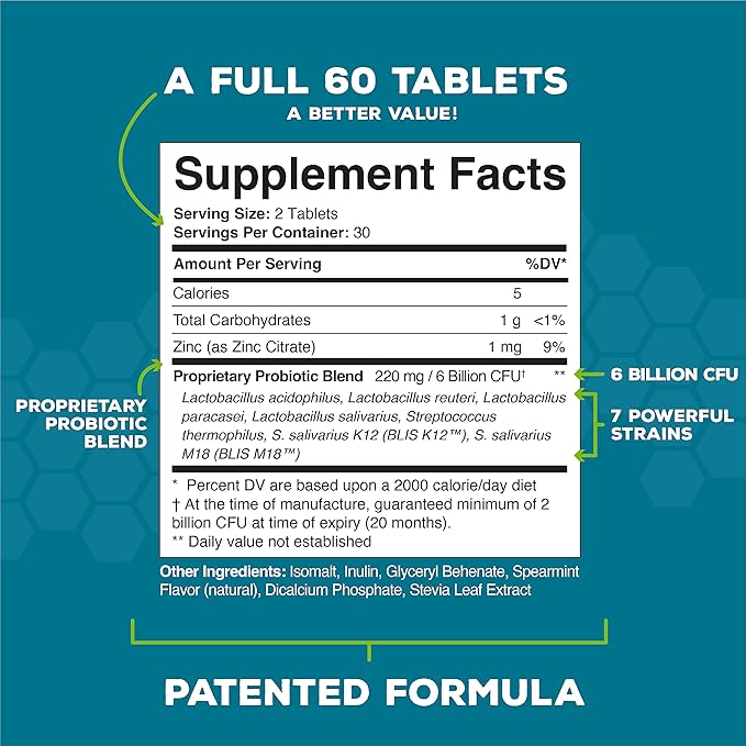 Oral Probiotics for Mouth Bad Breath Treatment for Adults: Dentist Formulated BLIS K12 M18 Advanced Oral Probiotics for Teeth and Gums, 60 Chewable Oral Health Probiotics Supplement Tablets (Mint 2pk)