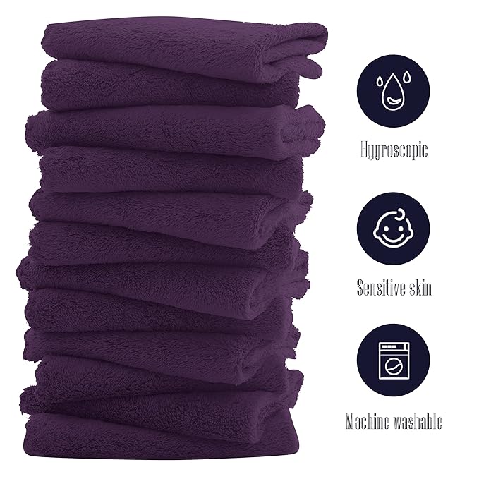 16 Pack Baby Washcloths - Luxury Coral Fleece - Extra Absorbent and Soft Wash Clothes for Newborns, Infants and Toddlers - Suitable for Sensitive Skin and New Born - Baby Shower - Plum, 10x10 Inch