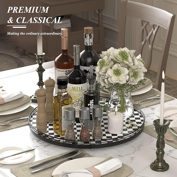 18" Black and White Kitchen Lazy Susan Turntable, Round Checkered Decorative Tray, Large Lazy Susan for Dining Table Centerpiece, Pantry, Kitchen, Bathroom, Countertop, Cupboard, Home Decor