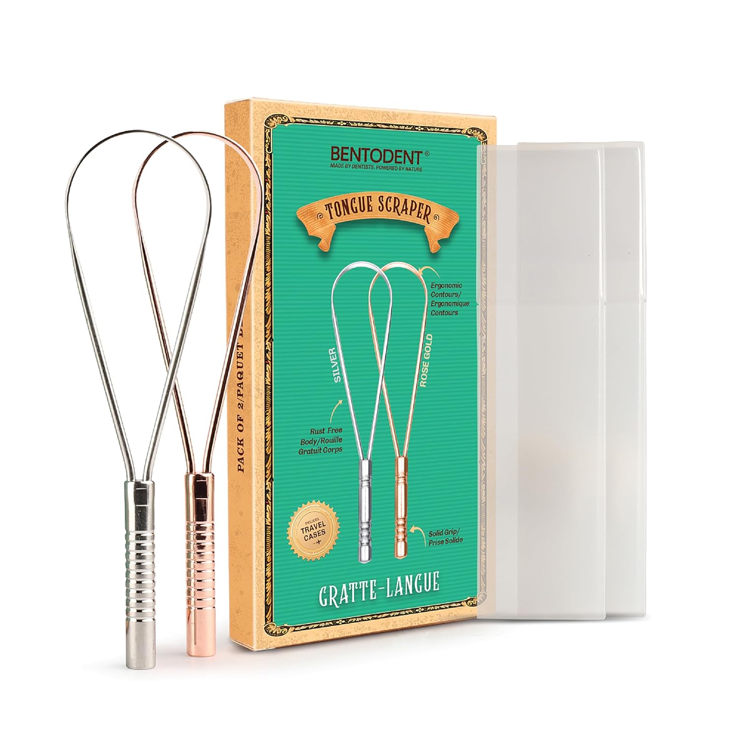 BENTODENT Tongue Scraper for Adults & Kids, Silver & Rose Gold, 100% Stainless Steel tongue scraper, Rust-Free metal, 2-Pack with Travel Case, Reduce Bad Breath, Tongue Scrubber, Tongue Cleaner