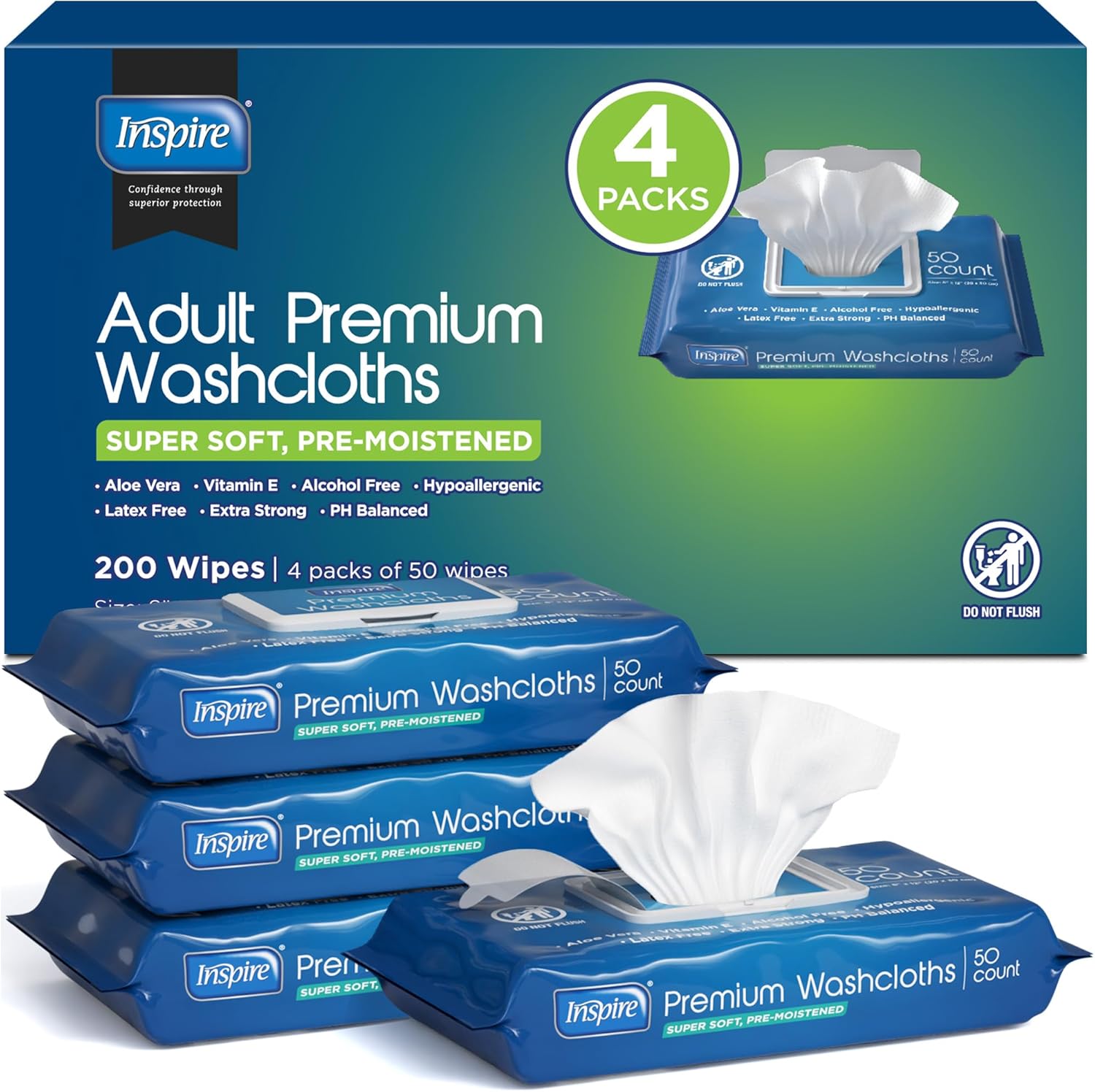 Inspire Adult Wet Wipes, Wash Cloths | Adult Wipes for Incontinence & Cleansing for Elderly, 8"x12" (200 count)