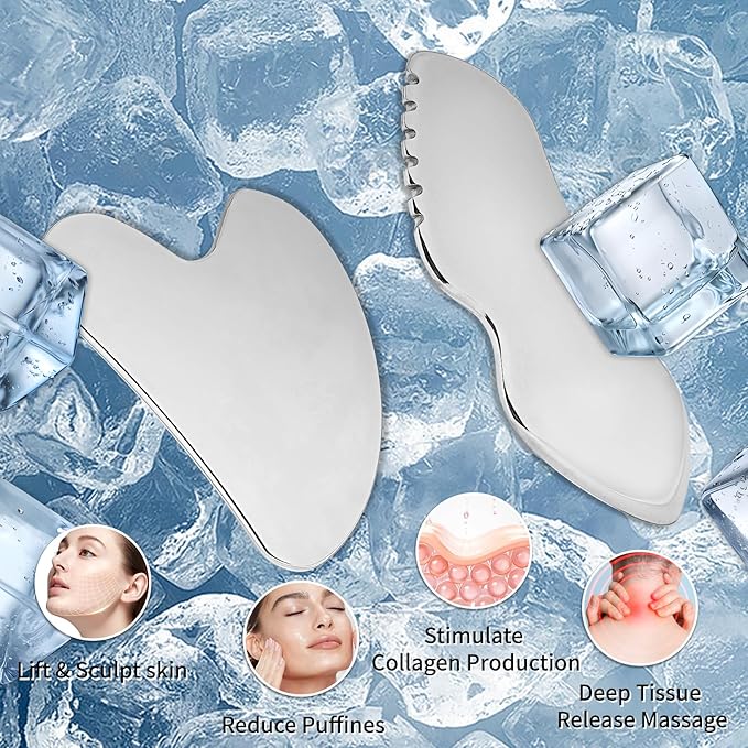 Jagged Edge Gua Sha Facial Tools Stainless Steel - Lift, Depuff & Glow | Spa-Grade, Travel-Ready, Metal GuaSha Tool for Face, Neck, Body Lymphatic Drainage Massager Natural Skin Care