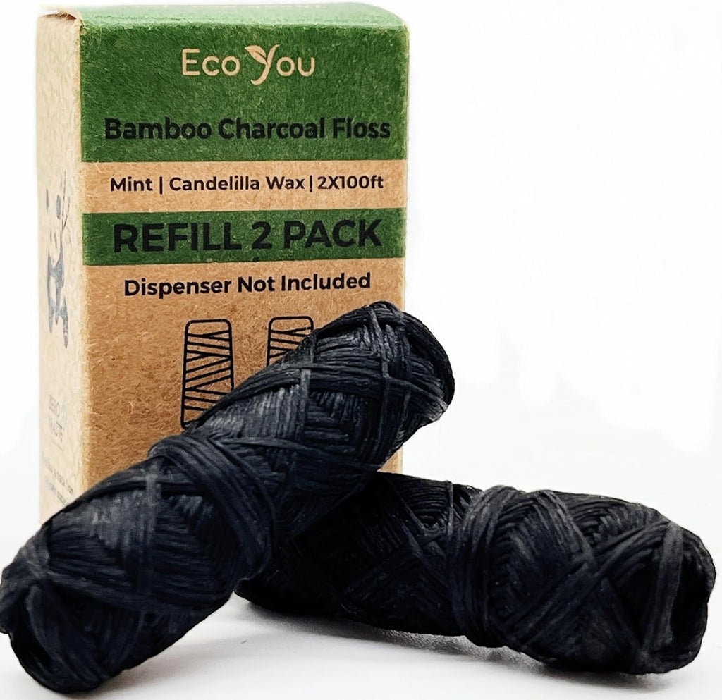 Bamboo Charcoal Dental Floss | Mint & Candelilla Wax | Vegan & Biodegradable (2 Refills Pack)