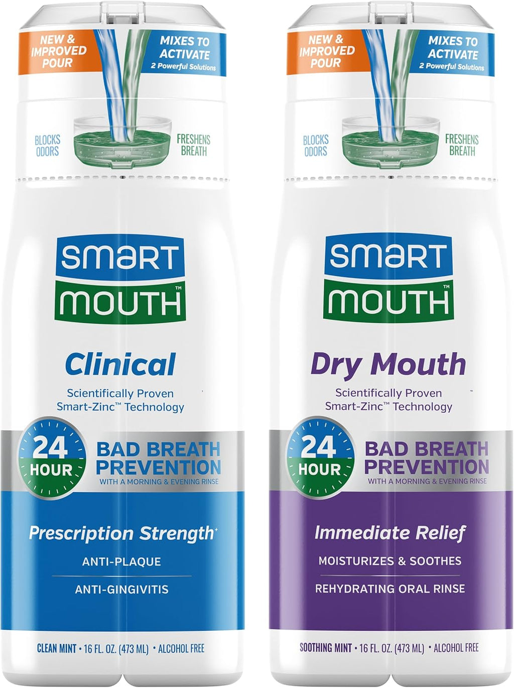 SmartMouth Dry Mouth & Clinical Activated Mouthwash - Dry Mouth Relief & Gum Protection - Bad Breath Prevention Mouthwash, 16 fl oz Each