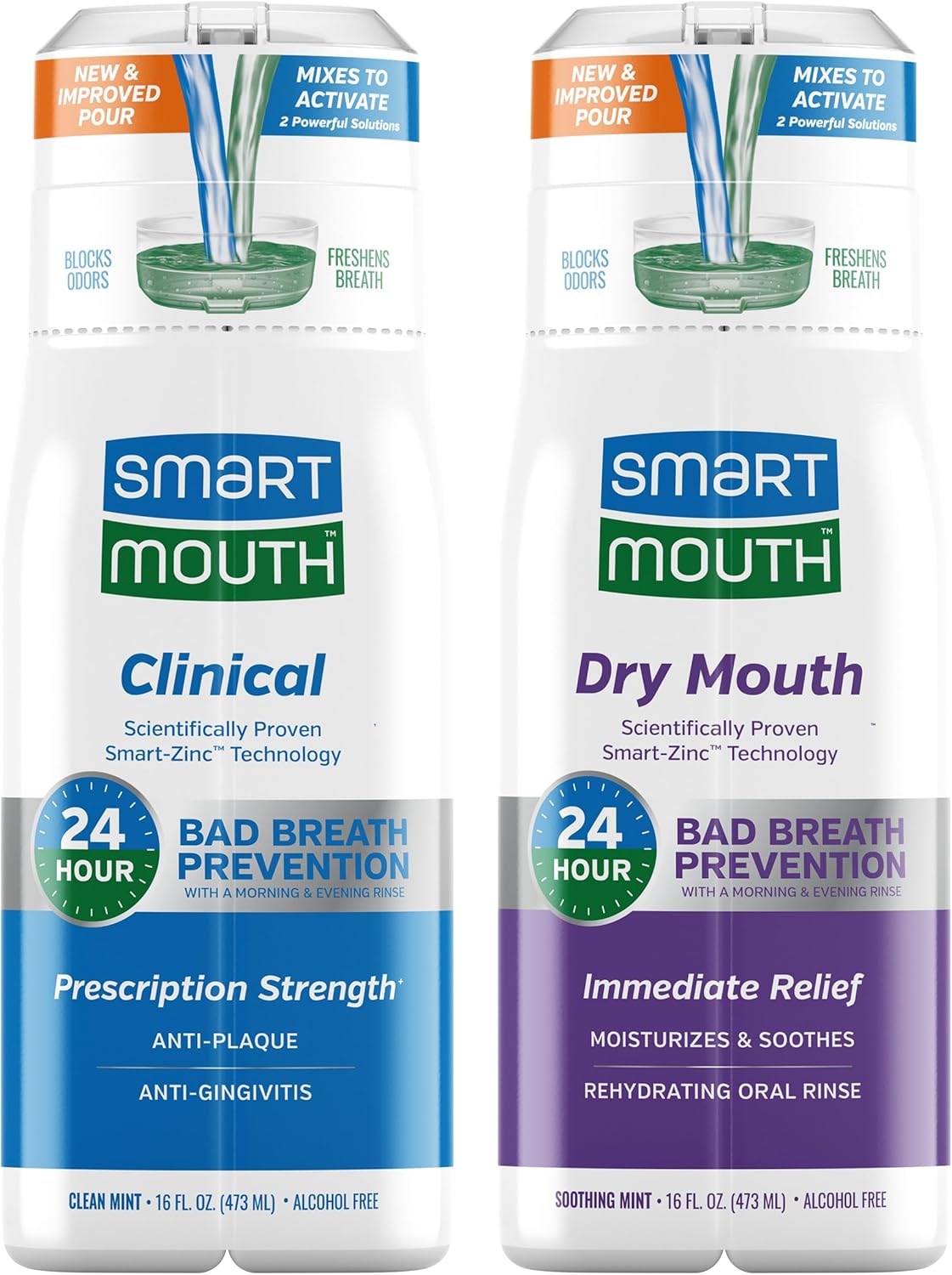 SmartMouth Dry Mouth & Clinical Activated Mouthwash - Dry Mouth Relief & Gum Protection - Bad Breath Prevention Mouthwash, 16 fl oz Each