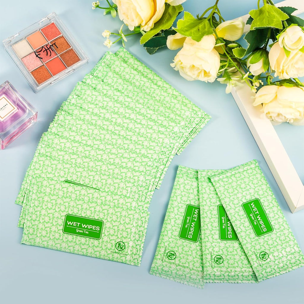 100 Pcs Wet Wipes Individually Wrapped, Personal Cleansing Wipe, Travel Size Hand Wipe, Green Tea Wipes Bulk for Homeless, Suitable for Restaurant, Wedding, Barbecue, Light Green (100 PCS)