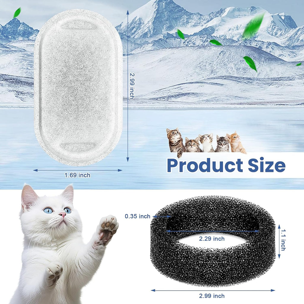 Cat Water Fountain Filter, 4 Pcs Cat Filters Replacement Pet Water Fountain Filters with 4 Pcs Sponges Foam for 67oz/2L & 108oz/3.2L Stainless Steel Automatic Cat Water Fountain Dispenser Filters