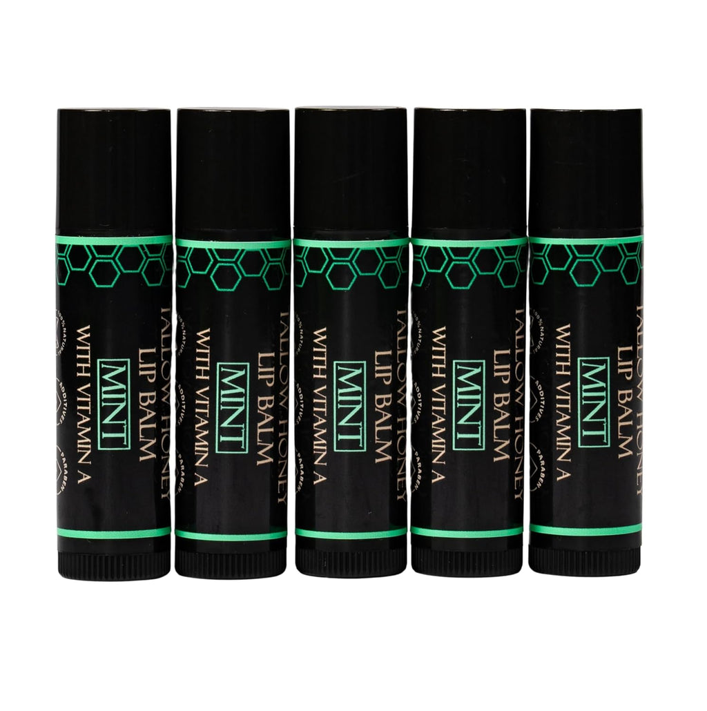 Organic Tallow Lip Balm (5 Pack) - Hydrating With Organic Italian Olive Oil, Pure Grass Fed Tallow, and Beeswax - Long Lasting Lip Therapy (5 Pack, Fresh Mint)