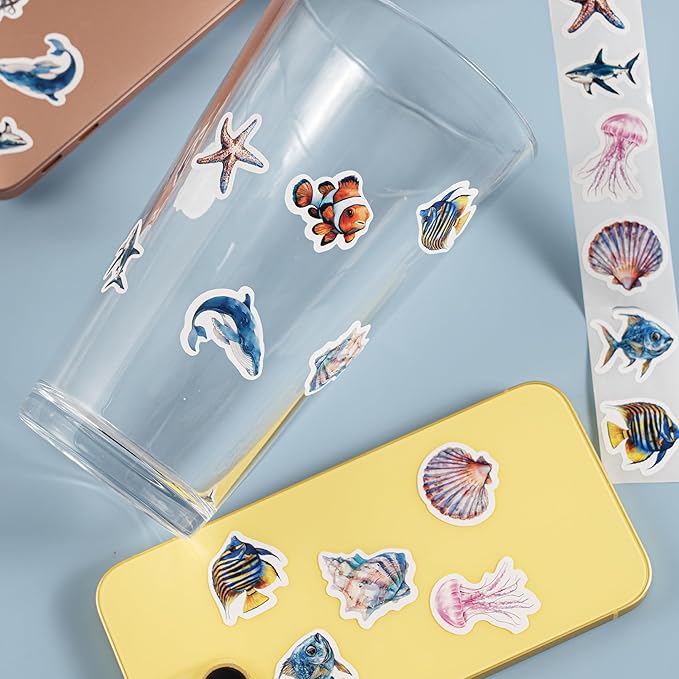 1000PCS Ocean Animal Stickers Roll for Kids, 2 Rolls, 10 Styles Cartoon Sea Creature Stickers, Whales, Octopus, Sharks, Jellyfish, Clownfish, Shells & Fish Decals for Classroom Rewards