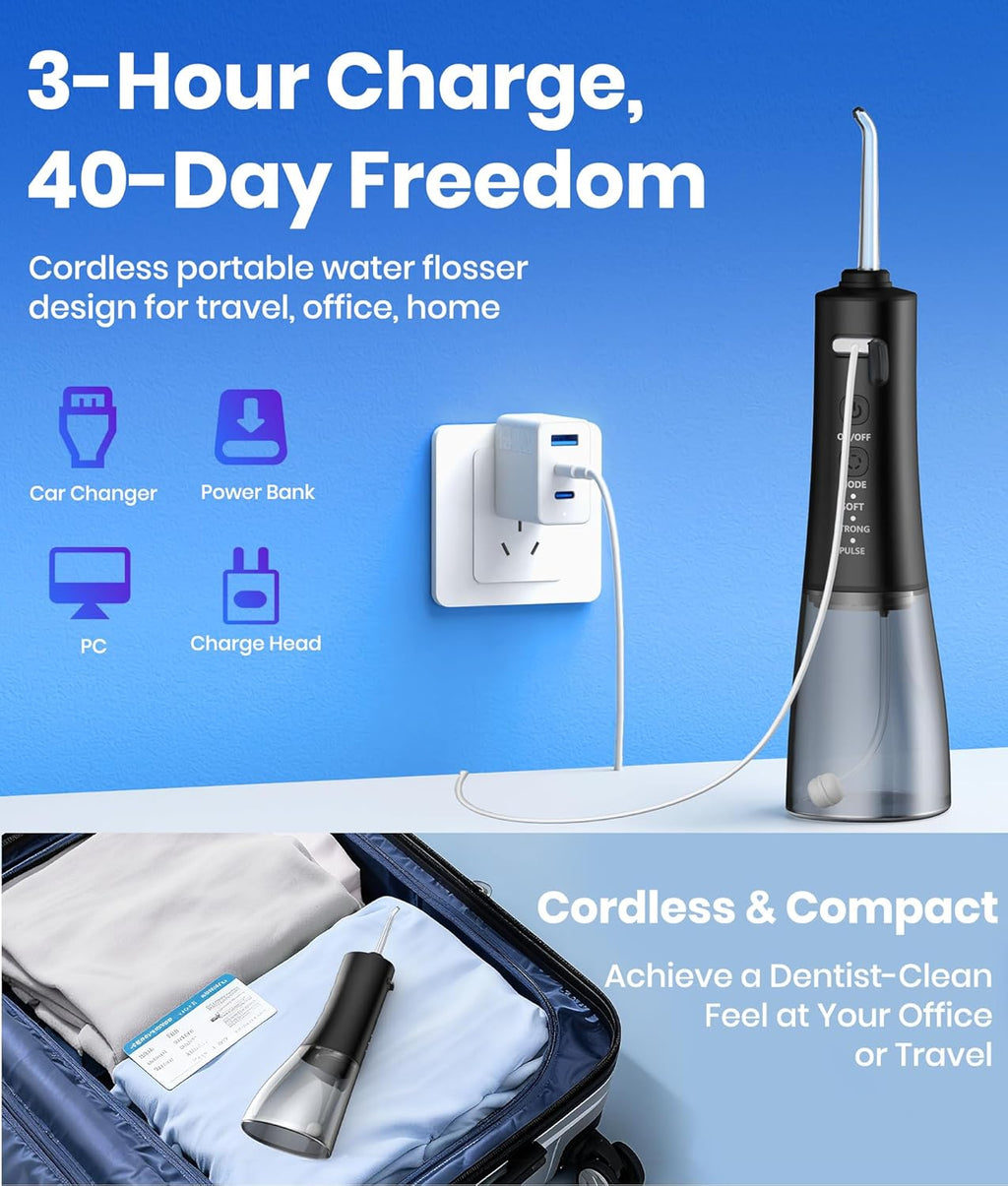 Water Flosser, 300ML Portable Cordless Water Dental Flossers for Teeth Deep Cleaning, IPX7 Waterproof Rechargeable Electric Oral Irrigator Teeth Pick for Travel Home Use and Braces Care (Black)