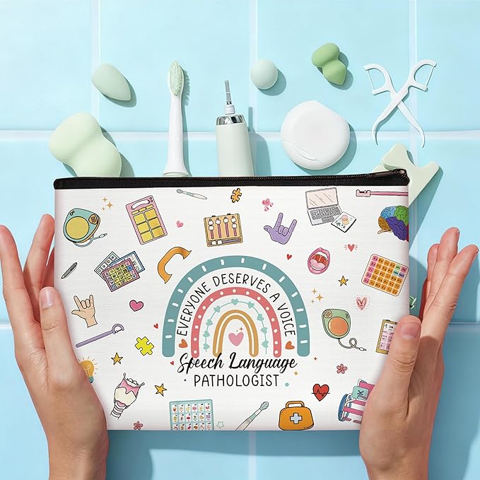 Speech Language Pathologist Makeup Bag – SLP Gifts for Women, Speech Therapist Appreciation Pouch, Waterproof Linen Cosmetic Bag for Coworker, Student, Graduation