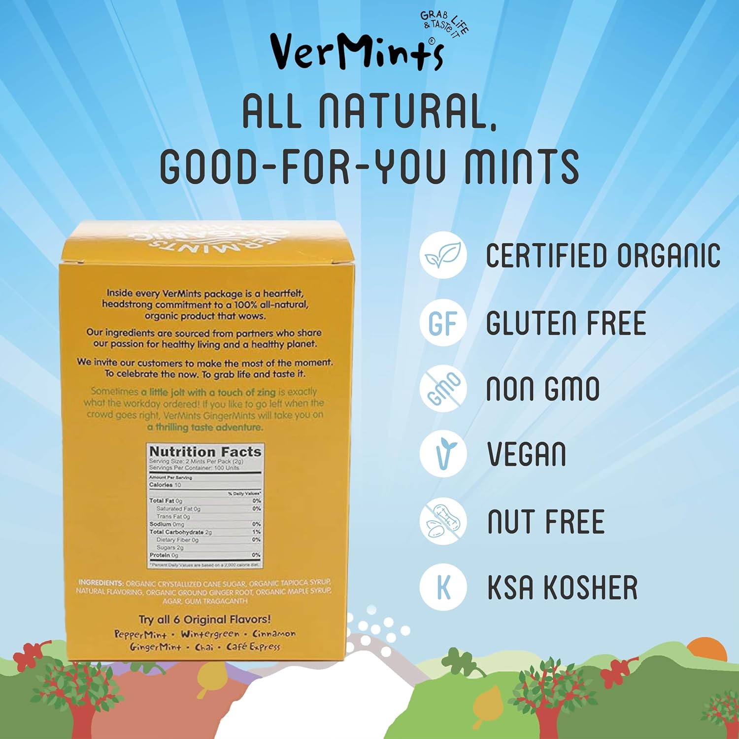 VerMints Organic Breath Mints GingerMints – Real Ginger Flavored Candies - Individually Wrapped Travel Size - Non-GMO, Nut Free, Gluten Free, Vegan, Kosher & Organic Candy Mints - 100 Packets