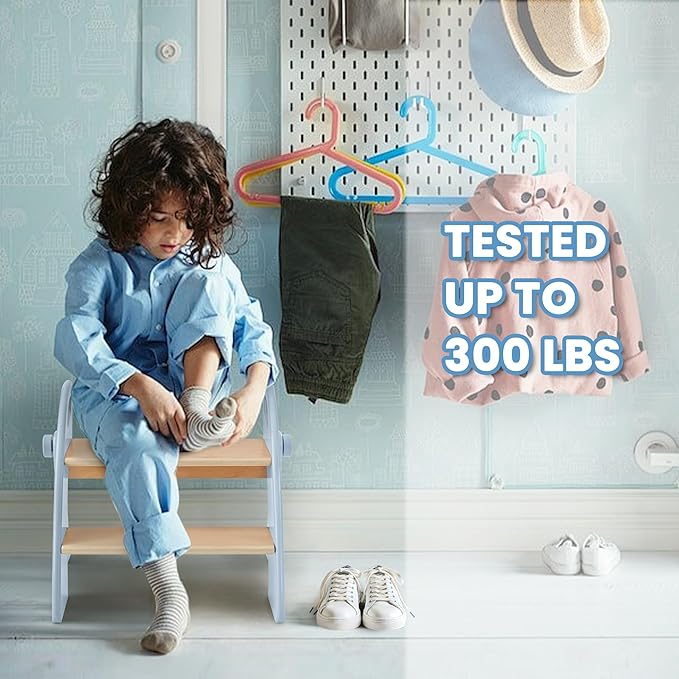 Wooden Step Stool, Two Step Stools, 300 lb. Load Capacity, with Safety Non-Slip Pads and Handles, Bamboo Step Stool for Bathroom and Kitchen, Children's Christmas Gift（Blue）