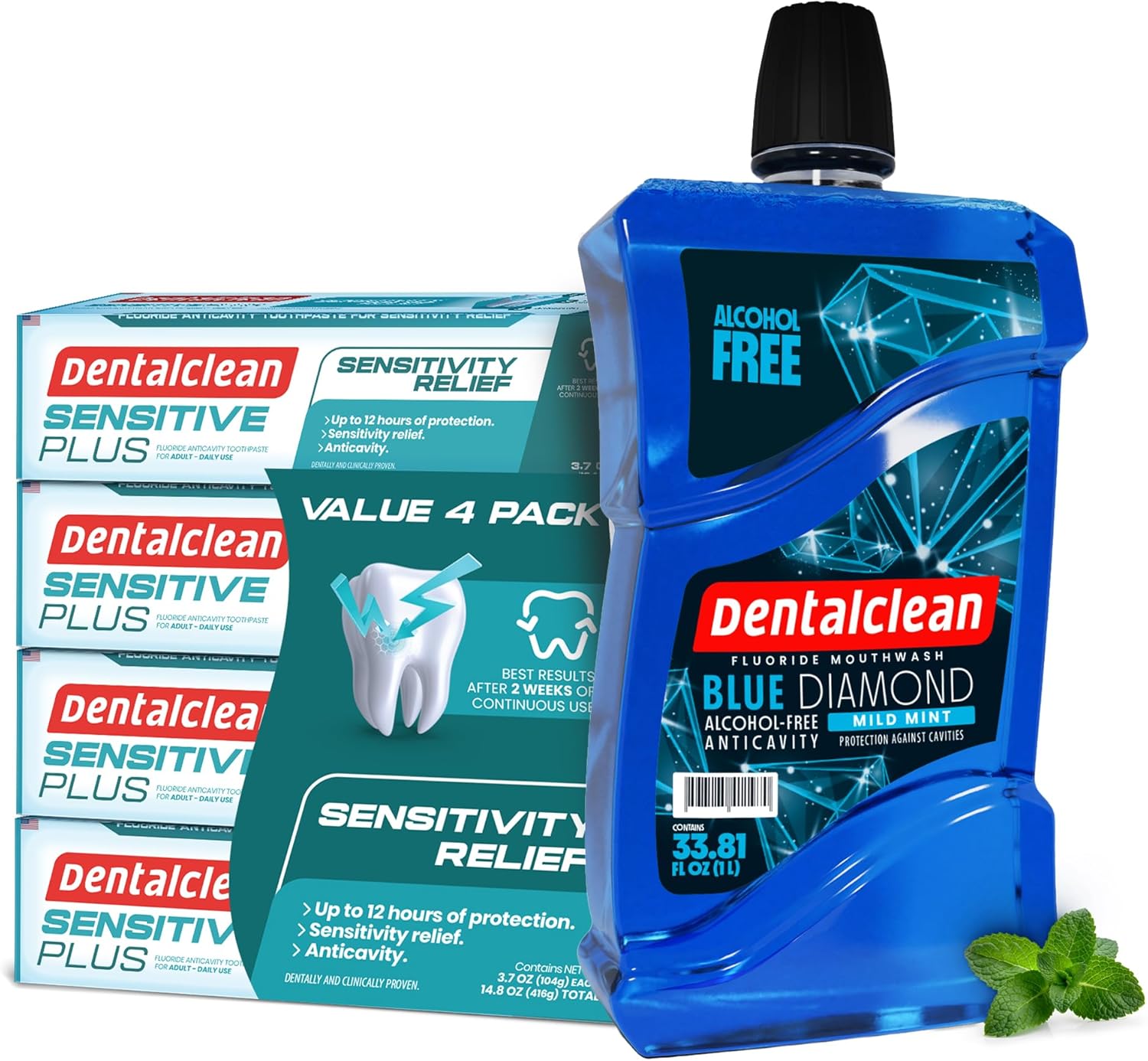 Pack of 4 Toothpaste Gel (Mild Mint) + Alcohol-Free Mouthwash 33.8 Fl Oz (Blue Diamond Mint) – Sensitivity Relief – 3.7 oz