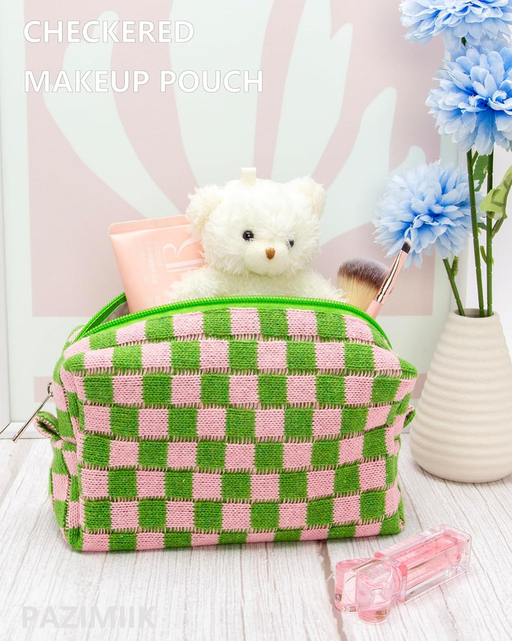 PAZIMIIK 2PCS Checkered Makeup Bag for Purse Portable Zipper Make Up Pouch Small Cosmetic Case for Travel Accessories Pink Green