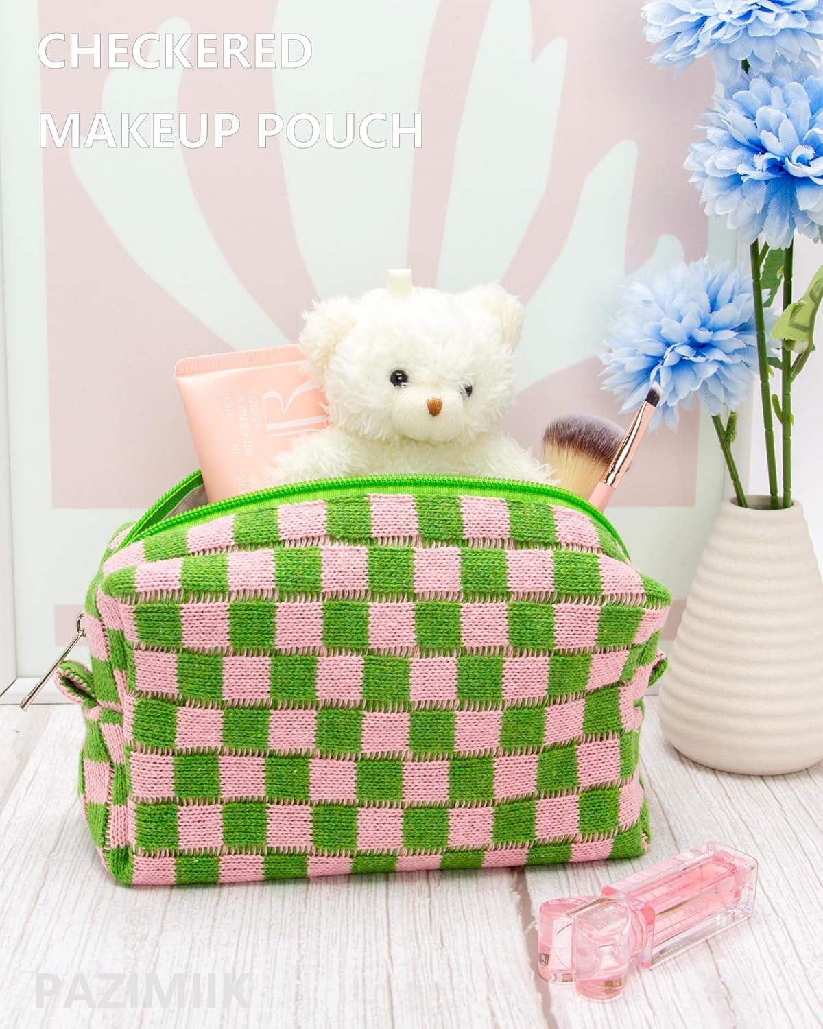 PAZIMIIK 2PCS Checkered Makeup Bag for Purse Portable Zipper Make Up Pouch Small Cosmetic Case for Travel Accessories Pink Green