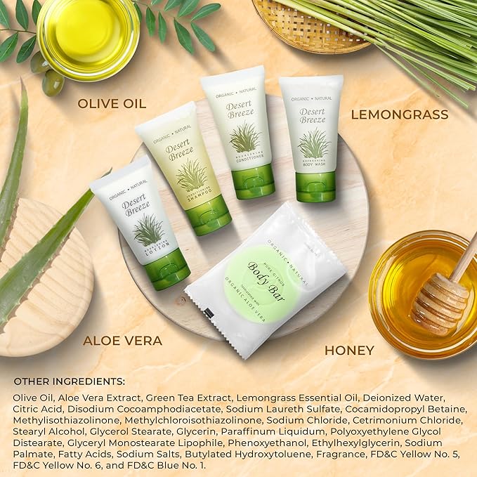 Desert Breeze Hotel Soaps & Toiletries Bulk Set | 1-Shoppe Amenities Kit | 1oz Shampoo & Conditioner, Body Wash, Lotion, Bar Soap | Travel Size | 300 Pieces
