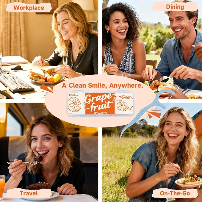 Travel Floss Picks, Grapefruit Flavor, Dental Floss for Adults, 120 Count (3 Boxes of 4 Travel Packs)