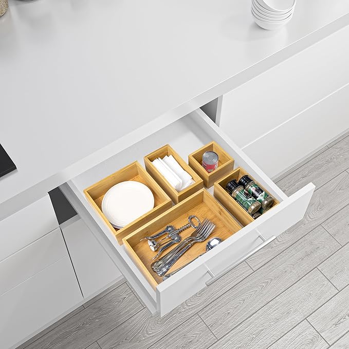 VaeFae 5 PCS Bamboo Drawer Organizers Set, 5-size Wooden Organizer Box, Storage Bins for Kitchen, Bathroom, Office, Bedroom and Living Room